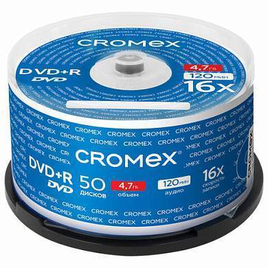 Диски DVD+R (плюс) CROMEX, 4,7 Gb, 16x, Cake Box (упаковка на шпиле), КОМПЛЕКТ 50 шт., 513775 (арт. 513775)