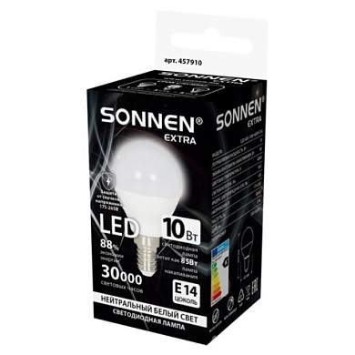 Лампа светодиодная SONNEN EXTRA,10 (85) Вт, E14, шар, нейтральный белый, 30000 ч, LED G45-10W-4000-Е14, 457910 (арт. 457910)