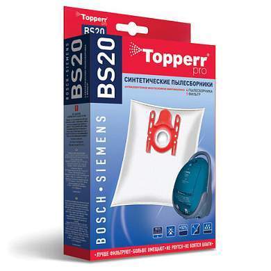 Мешок для пылесоса (пылесборник) синтетический TOPPERR BS20, BOSCH, SIEMENS, КОМПЛЕКТ 4 шт., 1401 (арт. 456435)