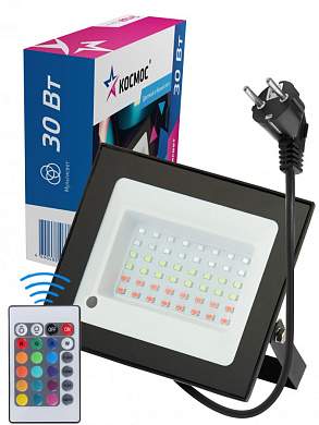 КОСМОС прожектор светодиодн. 30W(2400lm)SMD RGB с пультом 134x116x28 160-260V IP65 K_PR5_LED_30RGB (арт. 860435)