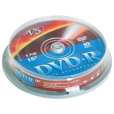 Диски DVD-R VS 4,7 Gb Cake Box (упаковка на шпиле), КОМПЛЕКТ 10 шт., VSDVDRCB1001 (арт. 511542)