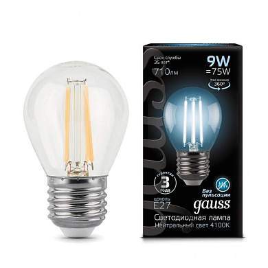 Gauss Filament Шар G45 E27 9W(710lm) 4100K 4K прозр. 80x45 филамент (нитевидная) 105802209 (арт. 650798)
