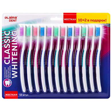 Зубная щетка жесткая CLASSIC WHITENING, КОМПЛЕКТ 12 шт. (10 + 2 в подарок), LAIMA DENT, 609694 (арт. 609694)