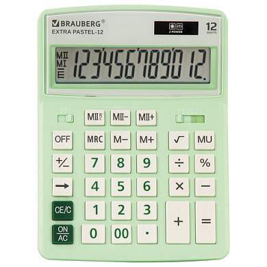 Калькулятор настольный BRAUBERG EXTRA PASTEL-12-LG (206x155 мм), 12 разрядов, двойное питание, МЯТНЫЙ, 250488 (арт. 250488)