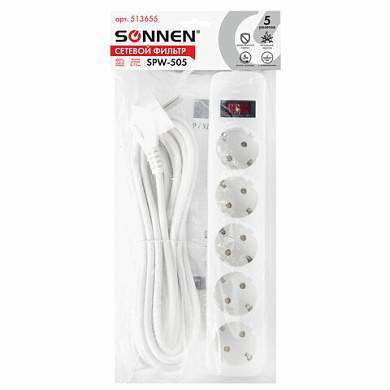 Сетевой фильтр SONNEN SPW-505, 5 розеток с заземлением, выключатель, 10 А, 5 м, белый, 513655 (арт. 513655)