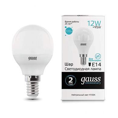 Gauss Elementary Шар G45 E14 12W 920lm 4100K 4K 82х45 матовая, пластик/алюм. 53122 (арт. 677137)