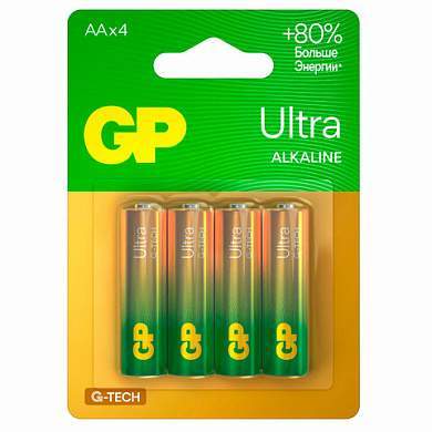 Батарейки КОМПЛЕКТ 4 шт., GP Ultra G-Tech, AA (LR6, 15А), алкалиновые, пальчиковые, 15AUA21-2CRSBC4 (арт. 457746)