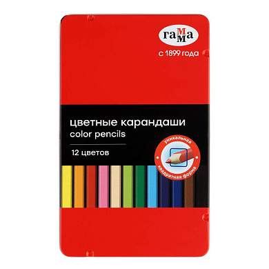 Карандаши цветные Гамма, 12цв., квадратные, заточен., метал. пенал (арт. 347820)