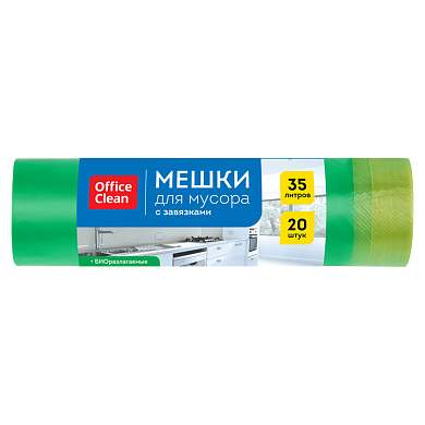 Мешки для мусора 35л OfficeClean биоразлагаемые ПНД, 50*60см, 15мкм, 20шт., прочные, зеленые, в рулоне, с завязками (арт. 344038)