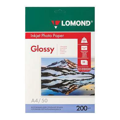 Фотобумага глянцевая, А4, 200 г/м2, односторонняя, 50 листов, LOMOND, 0102020 (арт. 360338)