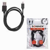 Кабель USB 2.0-micro USB, 1 м, SONNEN, медь, для передачи данных и зарядки, черный, 513115 (арт. 513115)