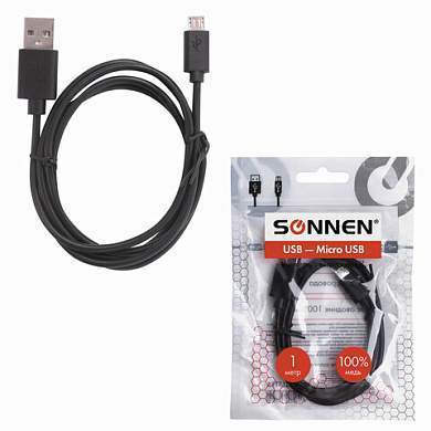 Кабель USB 2.0-micro USB, 1 м, SONNEN, медь, для передачи данных и зарядки, черный, 513115 (арт. 513115)