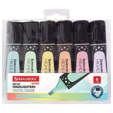 Набор текстовыделителей BRAUBERG 6 шт., АССОРТИ, "EXTRA PASTEL", прорезиненный корпус, линия 1-5 мм, 151757 (арт. 151757)