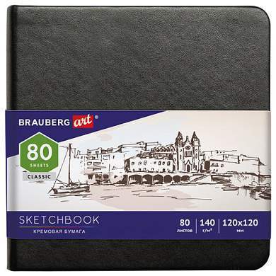 Скетчбук, слоновая кость 140 г/м2 120х120 мм, 80 л., КОЖЗАМ, резинка, BRAUBERG ART CLASSIC, черный, 113191 (арт. 113191)