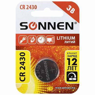 Батарейка литиевая SONNEN Lithium CR2430 "таблетка, дисковая, кнопочная" 1 шт., блистер, 455600 (арт. 455600)