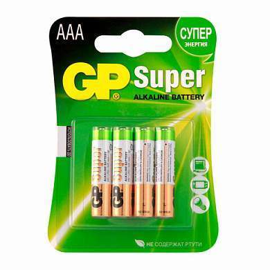 Батарейки КОМПЛЕКТ 4 шт., GP Super, AAA (LR03, 24А), алкалиновые, мизинчиковые, блистер, 24A-2CR4 (арт. 450436)