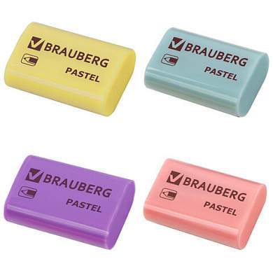 Ластик BRAUBERG "Pastel", 37х24х11мм, ассорти пастельных цветов, экологичный ПВХ, 229582 (арт. 229582)