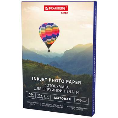 Фотобумага матовая, 10х15 см, 230 г/м2, односторонняя, 50 листов, BRAUBERG EXTRA, 364484 (арт. 364484)