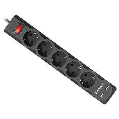 Сетевой фильтр Defender DFS 755 5 розеток 5,0м, 2xUSB, 2.1A, черный (арт. 367838)
