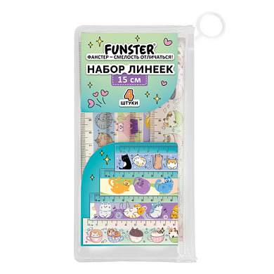 Линейки пластиковые 15 см FUNSTER (ФАНСТЕР), "КОТЫ", НАБОР 4 штуки, пенал, 210915 (арт. 210915)