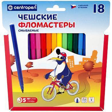 Фломастеры Centropen "Пингвины", 18цв., смываемые, картон, европодвес (арт. 002727)