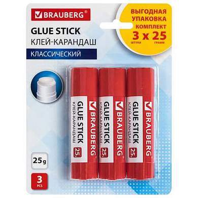 Клей-карандаш 25 г ВЫГОДНАЯ УПАКОВКА BRAUBERG, 3 штуки на блистере, 271306 (арт. 271306)