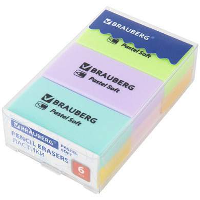 Ластики BRAUBERG PASTEL SOFT НАБОР 6 шт., размер ластика 45х25х10 мм, экологичный ПВХ, 271340 (арт. 271340)