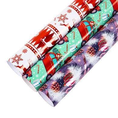 Бумага упаковочная новогодняя НАБОР 3 шт. "HoHo XMAS", С ЭФФЕКТАМИ, 70х100 см, ЗОЛОТАЯ СКАЗКА, 592191 (арт. 592191)