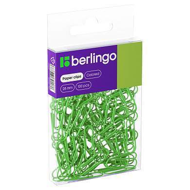 Скрепки 28мм, Berlingo, 100шт., цветные, ПВХ упак., европодвес, зеленые (арт. 301703)