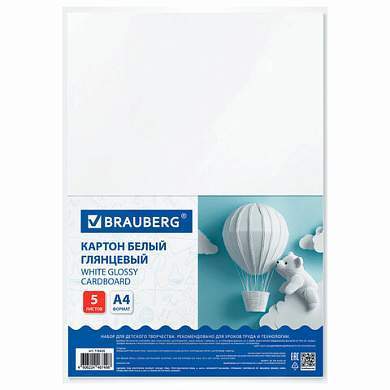 Картон белый А4 МЕЛОВАННЫЙ (белый оборот) 5 листов, BRAUBERG, 200х290 мм, 116626 (арт. 116626)