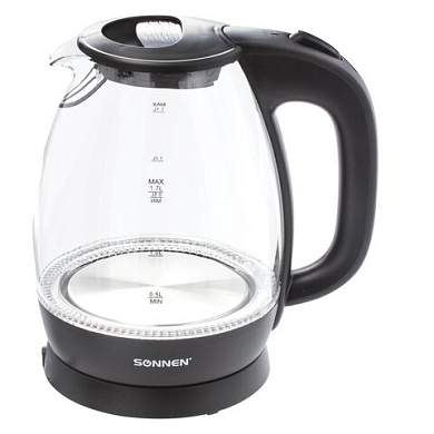 Чайник SONNEN KT-1786, 1,7 л, 2200 Вт, закрытый нагревательный элемент, стекло, 453422 (арт. 453422)
