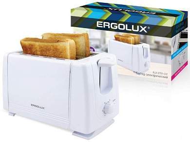 Тостер ERGOLUX ELX-ET01-C01 700W, регулятор прожарки, поддон для крошек, пластик/металл/белый (арт. 718832)