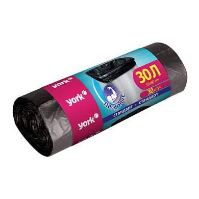 Мешки для мусора 30 л, черные, в рулоне 30 шт., ПНД, 6 мкм, YORK, 902130 (арт. 703724)