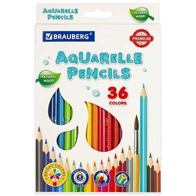 Карандаши цветные акварельные BRAUBERG PREMIUM AQUARELLE, 36 цветов, трехгранные, утолщенный грифель 4 мм, натуральное дерево, 181674 (арт. 181674)