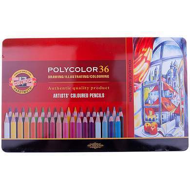 Карандаши цветные художественные Koh-I-Noor "Polycolor", 36цв., заточен., метал. пенал (арт. 132741)