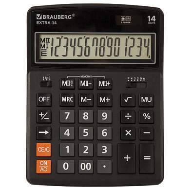 Калькулятор настольный BRAUBERG EXTRA-14-BK (206x155 мм), 14 разрядов, двойное питание, ЧЕРНЫЙ, 250474 (арт. 250474)