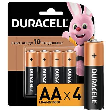 Батарейки КОМПЛЕКТ 4 шт., DURACELL Basic ОРИГИНАЛ, AA (LR6, 15А), алкалиновые, пальчиковые, MN 1500 АА LR6 (арт. 450402)
