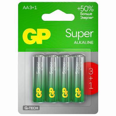 Батарейки КОМПЛЕКТ 4 шт., GP Super, AA (LR6,15А), алкалиновые, пальчиковые, ПРОМО 3+1, 15A3/1-2CR4 (арт. 455920)