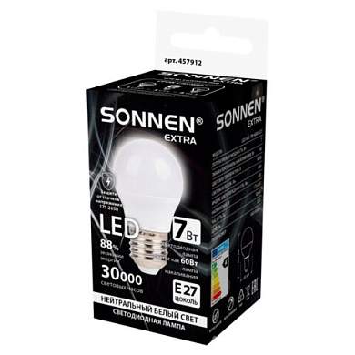 Лампа светодиодная SONNEN EXTRA, 7 (60) Вт, E27, шар, нейтральный белый, 30000 ч, LED G45-7W-4000-Е27, 457912 (арт. 457912)