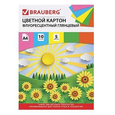 Картон цветной А4 МЕЛОВАННЫЙ (глянцевый), ФЛУОРЕСЦЕНТНЫЙ, 10 листов 5 цветов, в папке, BRAUBERG, 200х290 мм, "Лето", 129918 (арт. 129918)