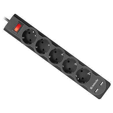 Сетевой фильтр Defender DFS 753 5 розеток 3,0м, 2xUSB, 2.1A, черный (арт. 367837)