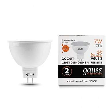 Gauss Elementary MR16 GU5.3 220V 7W(530lm) 3000K 2K 57x50 пластик/алюм. 13517 (арт. 475474)