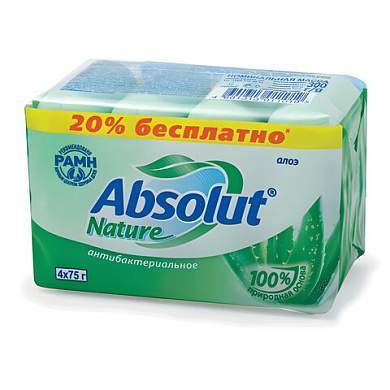Мыло туалетное антибактериальное 300 г ABSOLUT (Абсолют) КОМПЛЕКТ 4 шт. х 75 г "Алоэ",без триклозана, 6065 (арт. 600762)
