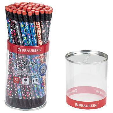 Карандаш чернографитный BRAUBERG "HEARTS", 1 шт., HB, с ластиком, корпус ассорти, 181762 (арт. 181762)