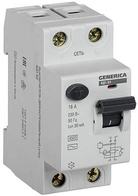 IEK GENERICA устройство защитного отключения УЗО ВД1-63 2Р 16А 30мА MDV15-2-016-030 (арт. 634812)
