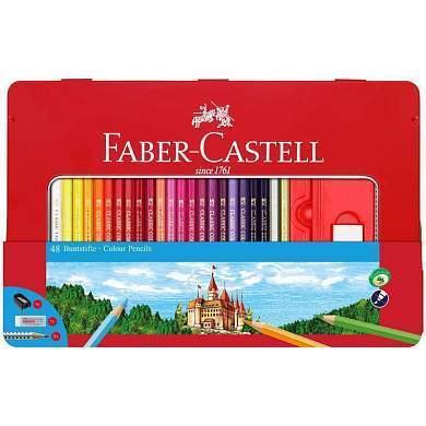 Карандаши цветные Faber-Castell "Замок", 48цв., трехгран., заточ.+2ч/г кар. Grip+ластик+точилка, метал. коробка (арт. 286631)