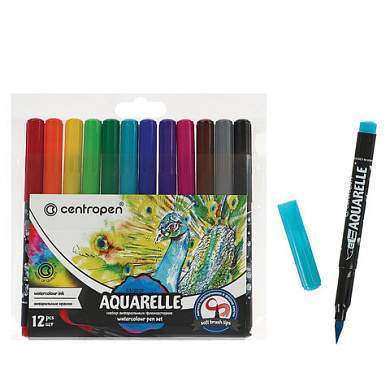 Маркеры-кисти акварельные 12 ЦВЕТОВ CENTROPEN "Aquarelle", линия письма 1-9 мм, 8683/12ET, 6 8683 1201 (арт. 152088)
