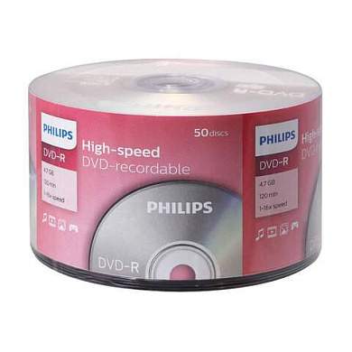 Диски DVD-R PHILIPS, 4,7 Гб, 16x, Bulk (термоусадка без шпиля), КОМПЛЕКТ 50 шт., DM4S6U50F/97 (арт. 514194)