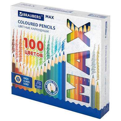 Карандаши цветные супермягкие яркие BRAUBERG MAX, 100 цветов, шестигранные, грифель 3,3 мм, натуральное дерево, 181862 (арт. 181862)