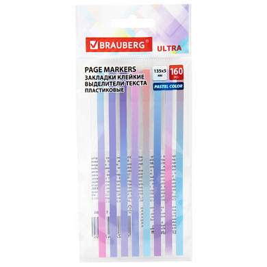 Закладки клейкие, выделители текста, BRAUBERG ULTRA PASTEL COLOR, 135х5 мм, 160 штук (8 цветов х 20 листов), 116686 (арт. 116686)
